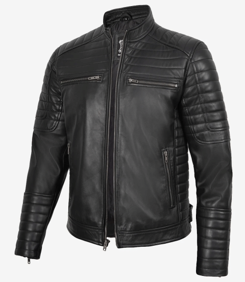 Roger Men's Biker Style Black Quilted Leather Jacket