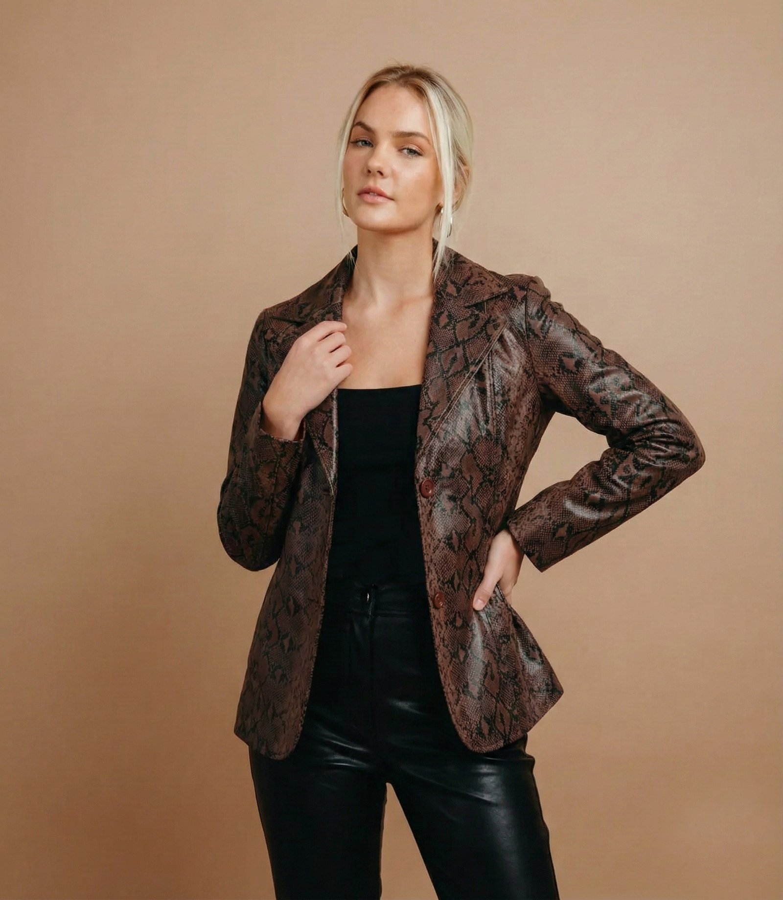 Sorelle Cognac Snake-Print Leather Blazer – Women - Modern Leather Jackets