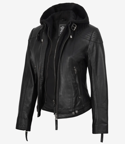 Tonja Womens Real Leather Black Jacket With Hood